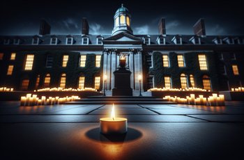 Candlelight vigil outside a college campus building in memory of a student who died in a hazing-related incident.