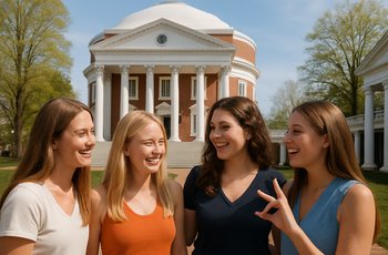 Students gathered on a university campus lawn at the University of Virginia during Greek life recruitment season.