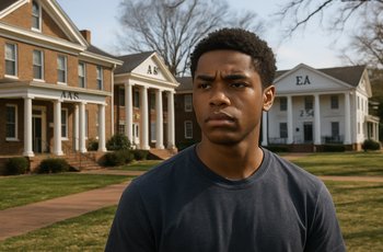 Students walking past a row of fraternity and sorority houses on a college campus during a period of institutional review.