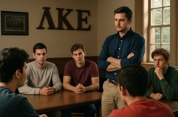 Brothers gathered in a fraternity chapter room for a serious meeting about academic probation and GPA requirements.