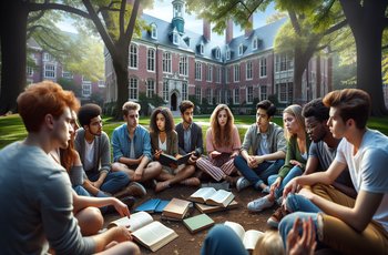 Fraternity brothers sitting in a circle during a chapter meeting discussing accountability standards and membership expectations.