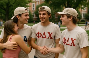 Group of new sorority members holding bid day letters outside a chapter house on a college campus.