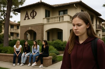 UC Santa Barbara campus building with Greek life organization signage in the foreground.