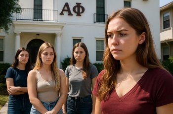 Students walking through a college campus near sorority and fraternity row during recruitment season.