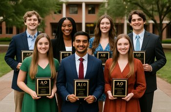 Students and Greek organization members gathered at a formal university awards ceremony on a college campus.