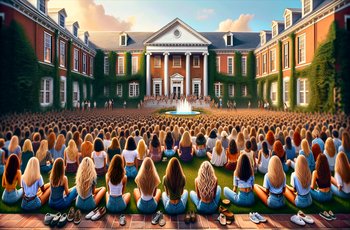 Students gathered on a college campus representing Greek life affiliation and sorority membership at a small university.