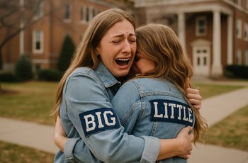 Two sorority sisters sharing a big little reveal moment outdoors on a college campus, one holding a handwritten letter.