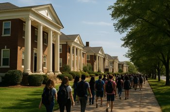 Students walking past fraternity and sorority houses on a college campus Greek row on a sunny day.