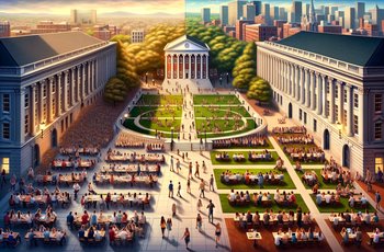 Students in sorority letters walking across a college campus, representing Greek life at different types of schools.