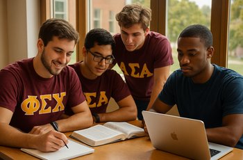 College fraternity brothers studying together at a table with laptops and notebooks open in a chapter house.