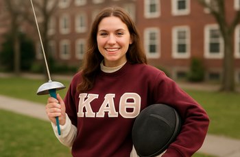 A fencing athlete in protective gear stands on a piste, representing the intersection of competitive sports and sorority life at Brown University.