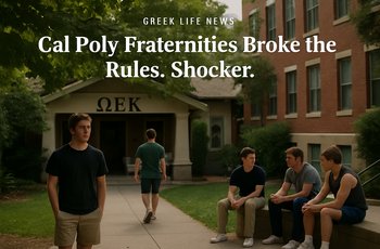 Fraternity members on a college campus during recruitment season with buildings in the background.
