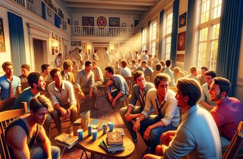 Brothers talking with potential new members during fraternity recruitment week on a college campus.