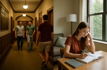 A college fraternity chapter house exterior compared conceptually to a quiet off-campus apartment building near a university campus.