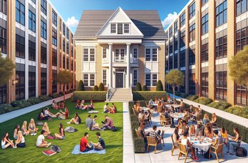 Students walking outside a Greek chapter house on a college campus on a sunny afternoon