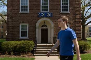 Greek fraternity house exterior on a college campus with letters mounted above the entrance.