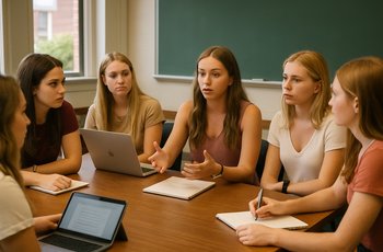 Empty Panhellenic council meeting room with chairs around a conference table on a college campus.