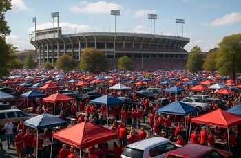 College football tailgate scene with tents, fans in team colors, and a stadium visible in the background on a sunny Saturday.