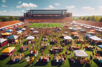 Crowded college football tailgate with tents and group gatherings outside a large stadium on a sunny game day.