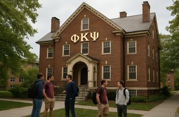 Students walk past a row of fraternity and sorority houses on a college campus during the academic year.
