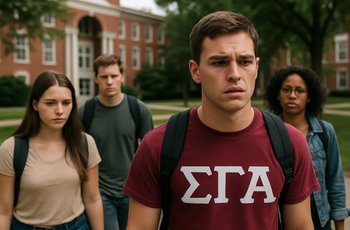 Students walking past a row of fraternity houses on a college campus on a cloudy day.