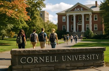 Wide shot of Cornell University campus buildings surrounded by trees, representing the school's Greek life review.