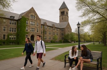 Empty college campus quad with brick buildings, representing Greek life accountability and institutional responsibility at universities.