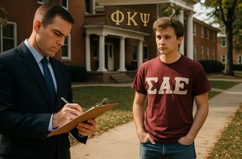 Students walking past fraternity row on a college campus during a period of university oversight and Greek life reform.