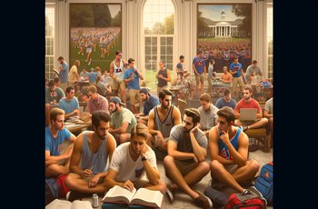 Students talking outside a fraternity house during fall recruitment at a large university campus.