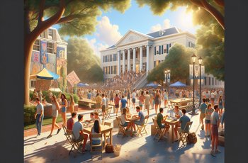 Students walking along sorority row during formal recruitment weekend on a college campus.