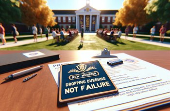 A pledge badge and membership paperwork on a table during a sorority new member education session.