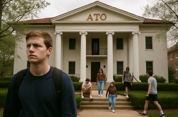 Students walking past a row of fraternity and sorority houses on a college campus.