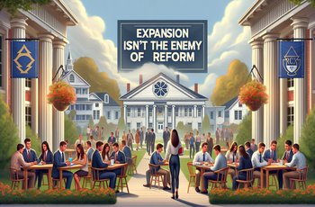 Students gathered outside a fraternity house during an expansion event on a university campus.