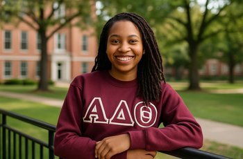 A college student in a sorority leadership role on a university campus, representing first-generation Greek life leaders.