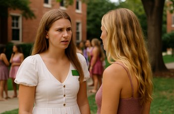 Students talking during sorority recruitment at a university, representing the difference between formal and informal Greek life recruitment processes.
