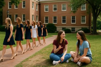 A group of sorority women talking casually outside during informal recruitment on a college campus.