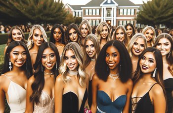 Sorority members dressed in formal attire gathered together smiling at a formal event venue.