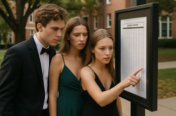 Two students in formal attire standing outside a venue at night, checking a phone for directions.