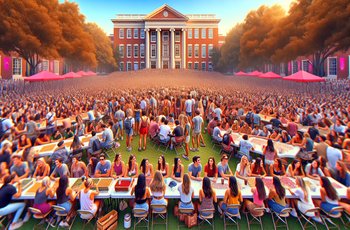 Students sitting at sorority tables during formal Panhellenic recruitment week on a college campus.