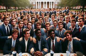 Fraternity brothers in business casual attire seated together at a Founders Day chapter dinner event.