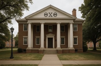 Students walk past a row of fraternity houses on a college campus during a quiet afternoon.