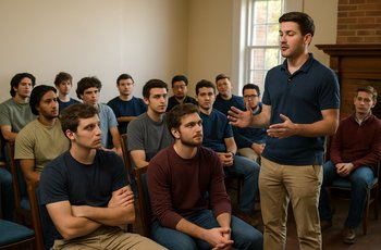 Members of a college fraternity seated together in a chapter meeting room, engaged in discussion.