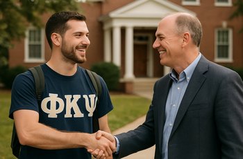 Two fraternity alumni in business casual attire talking at a networking event on a college campus.