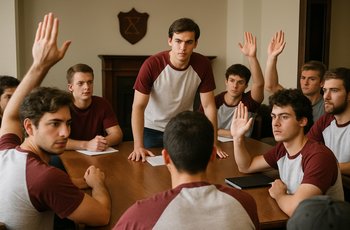 Brothers seated in a fraternity chapter room during an election meeting, listening to a speaker at the front.