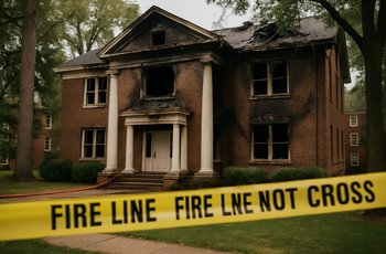 Fire trucks parked outside a fraternity house during an emergency response to a structure fire on a college campus.