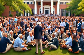 Sorority alumnae and current members gathered outside a chapter house during a homecoming weekend event.