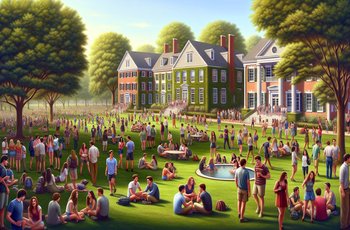 Students at a Greek life formal event gathered around tables in a decorated venue on a college campus.