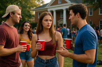 Students gathered at an outdoor Greek life social event on a college campus, talking in small groups.