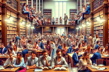 College students studying together at a table in a fraternity house common room with books and laptops open.
