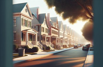 Row of fraternity and sorority chapter houses on a tree-lined campus street on a college campus.